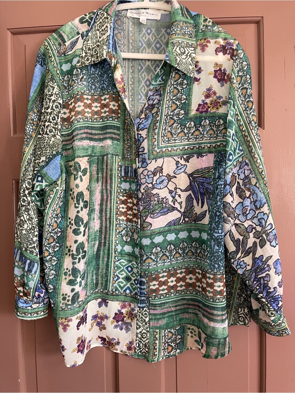 Beautiful Blue Green Patterned Semi-Sheer Blouse 1x Button-down